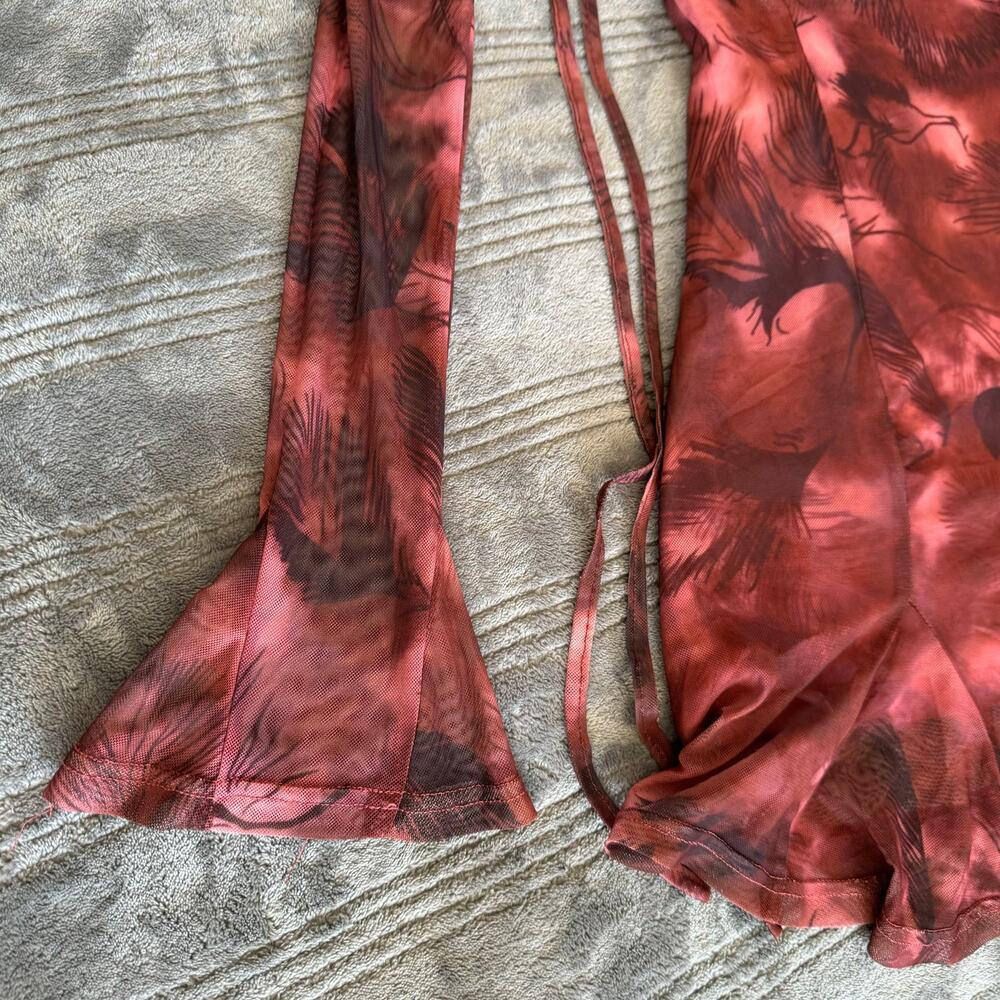 Cider Red Mesh Long Bell Sleeved Off The Shoulder Mini Dress Women's XS - Picture 7 of 11